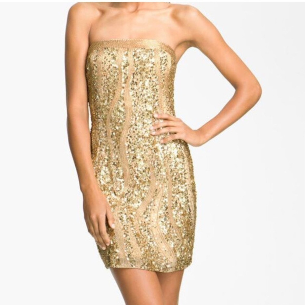 Adriana Papel evening, strapless sequin gold dressSz 14 NWT